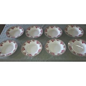 Nikita Fine China 8.5" Rimmed Soup Bowls Set of 8 Floral Rose Gold Trim Vintage